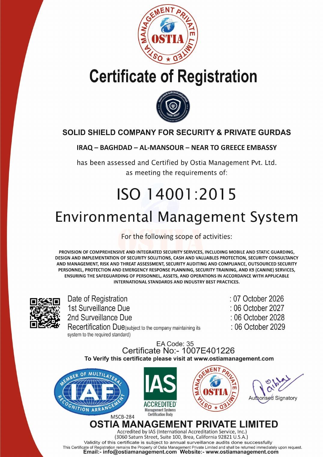 ISO 14001:2015 certificate
